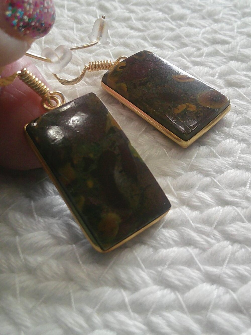 Natural FRUIT JASPER Handmade Gold Dangle Earrings #320F